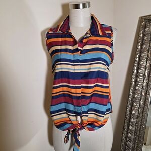 VTG Y2K Helium Sleeveless Striped Button Down Blouse with Tie Front. ECU.